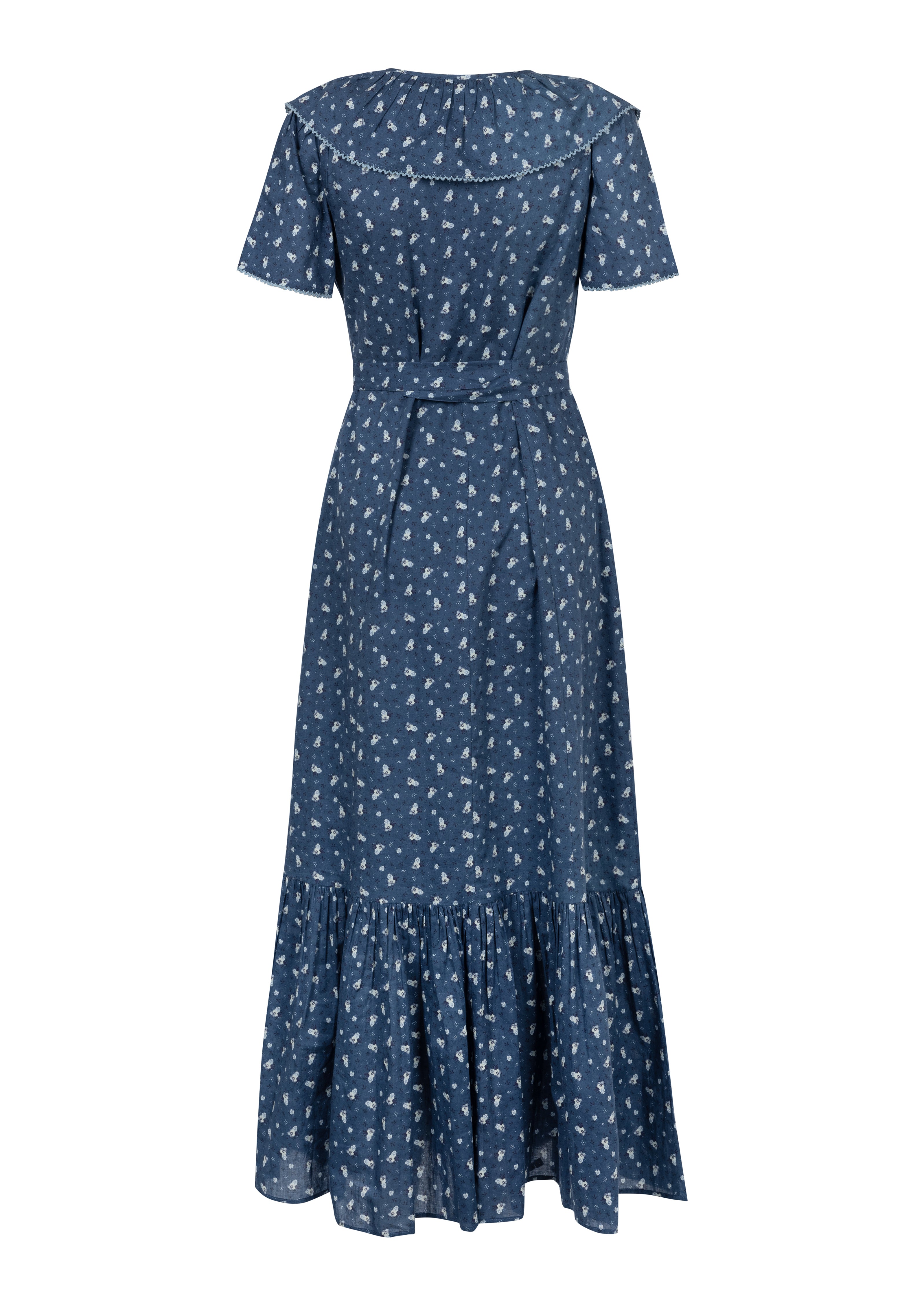 Navy blue ditsy floral ruffle capped sleeve Midi dress with buttoned ...