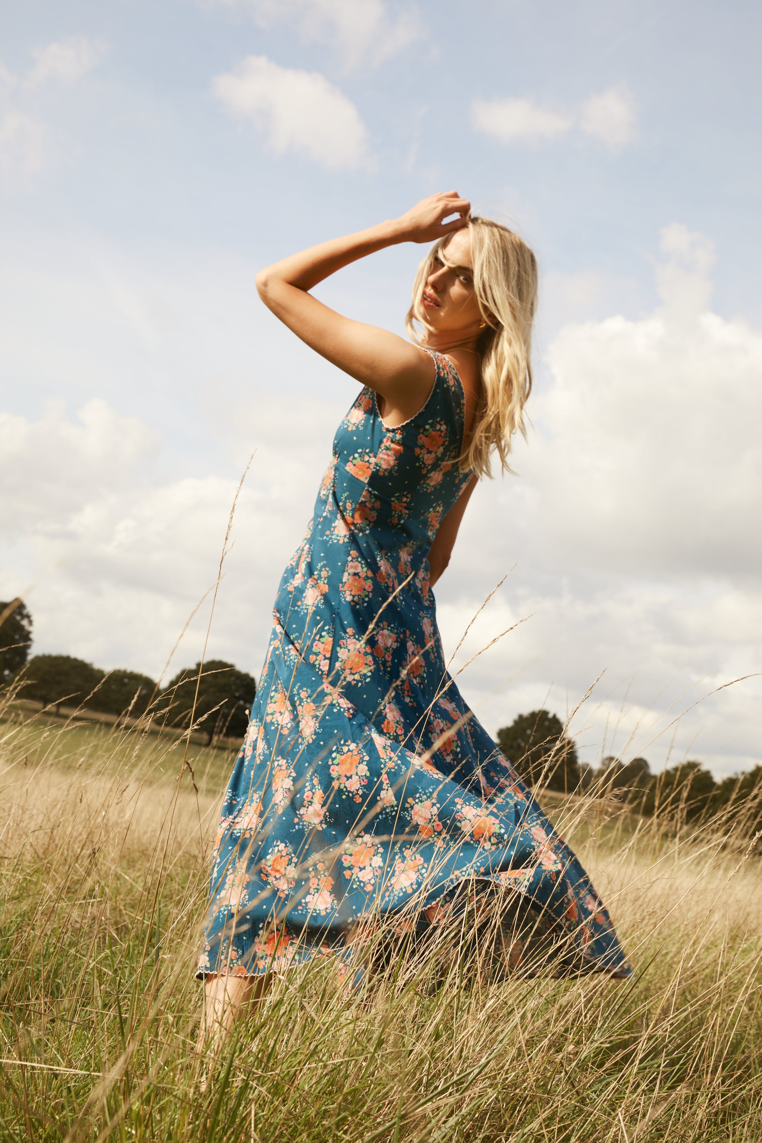 Indigo Blue Floral Cotton Button-Through Sleeveless V-Neck Midi Dress ...